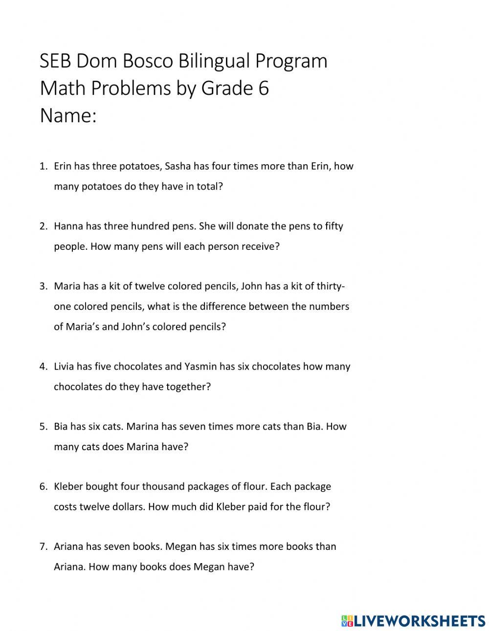 Math online exercise for 6 | Live Worksheets