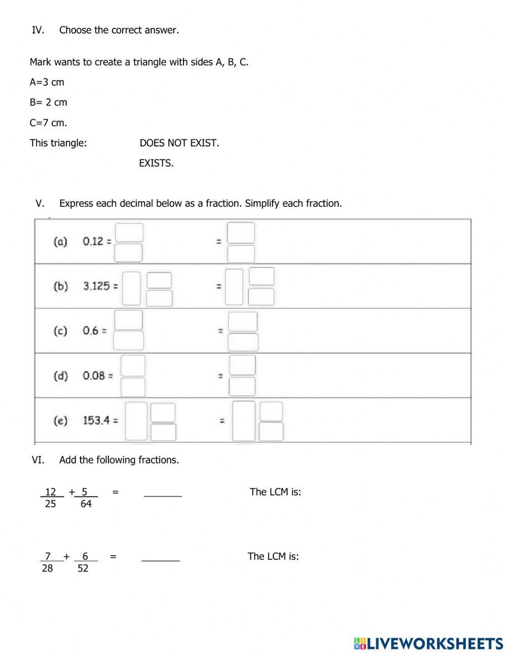 6th Grade Math Test TRIM 2 worksheet | Live Worksheets