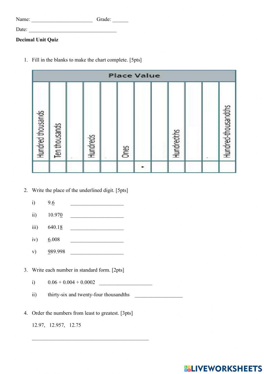 Decimal Unit Quiz Decimal Unit Quiz