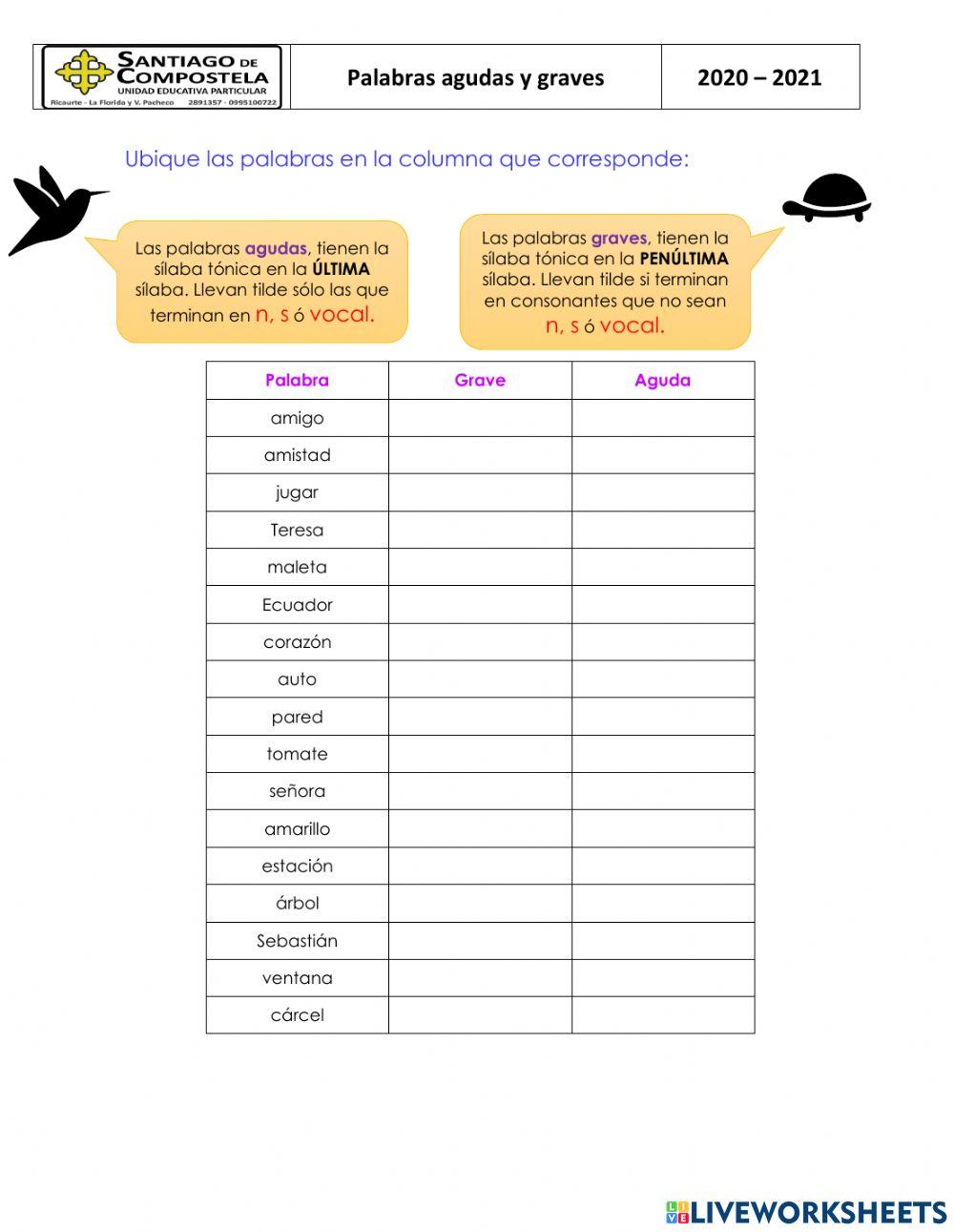 Palabras agudas y graves online exercise | Live Worksheets