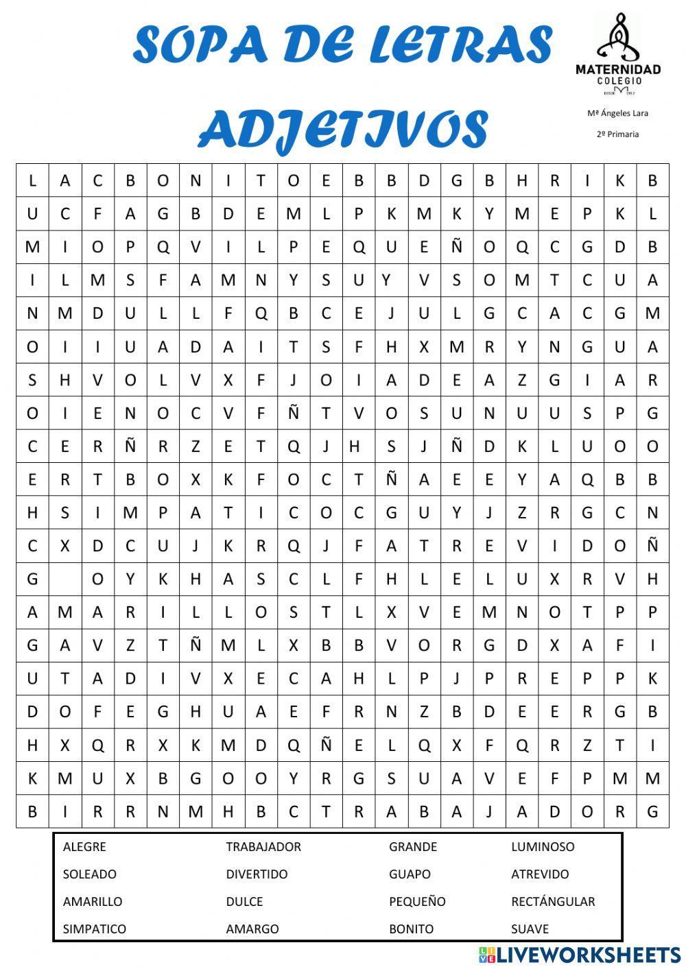 Sopa de letras. Adjetivos
