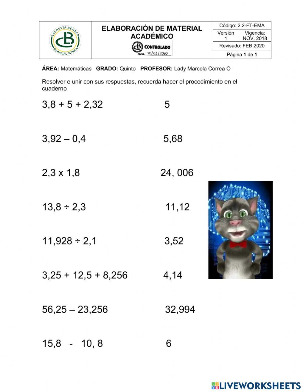 Operaciones entre decimales