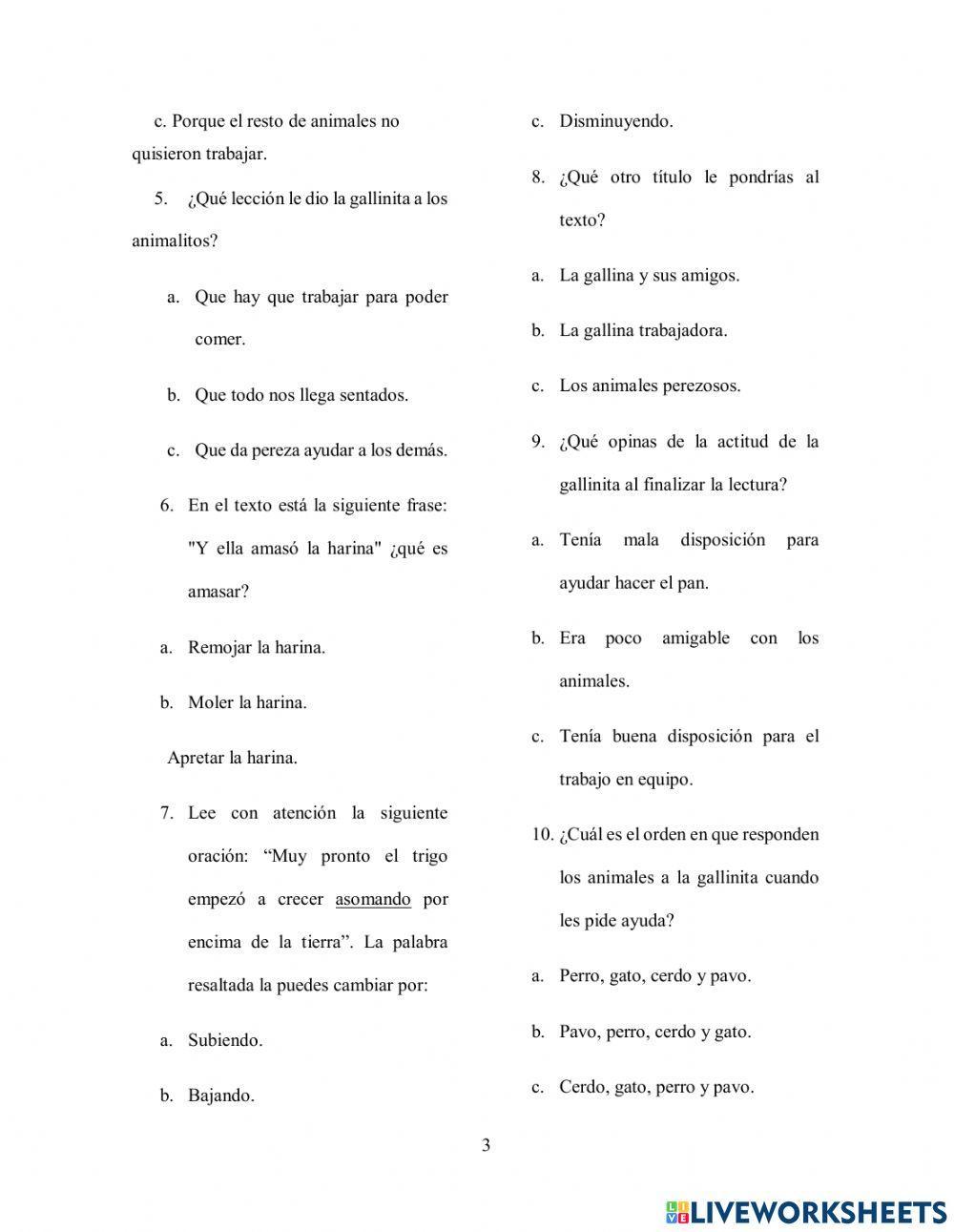 Comprensión de lectura La Gallinita Colorada