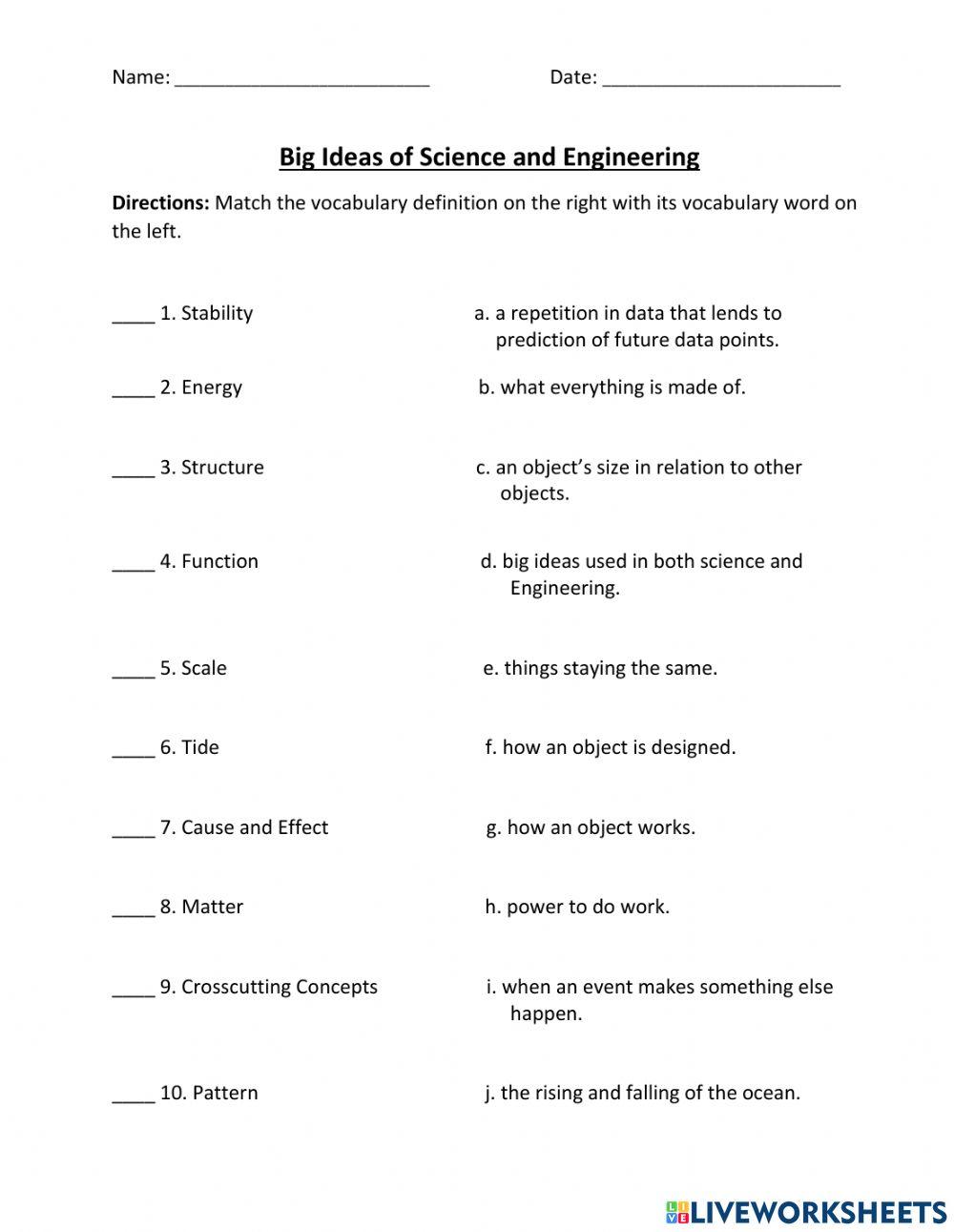 Big Ideas of Science and Engineering Vocabulary Test