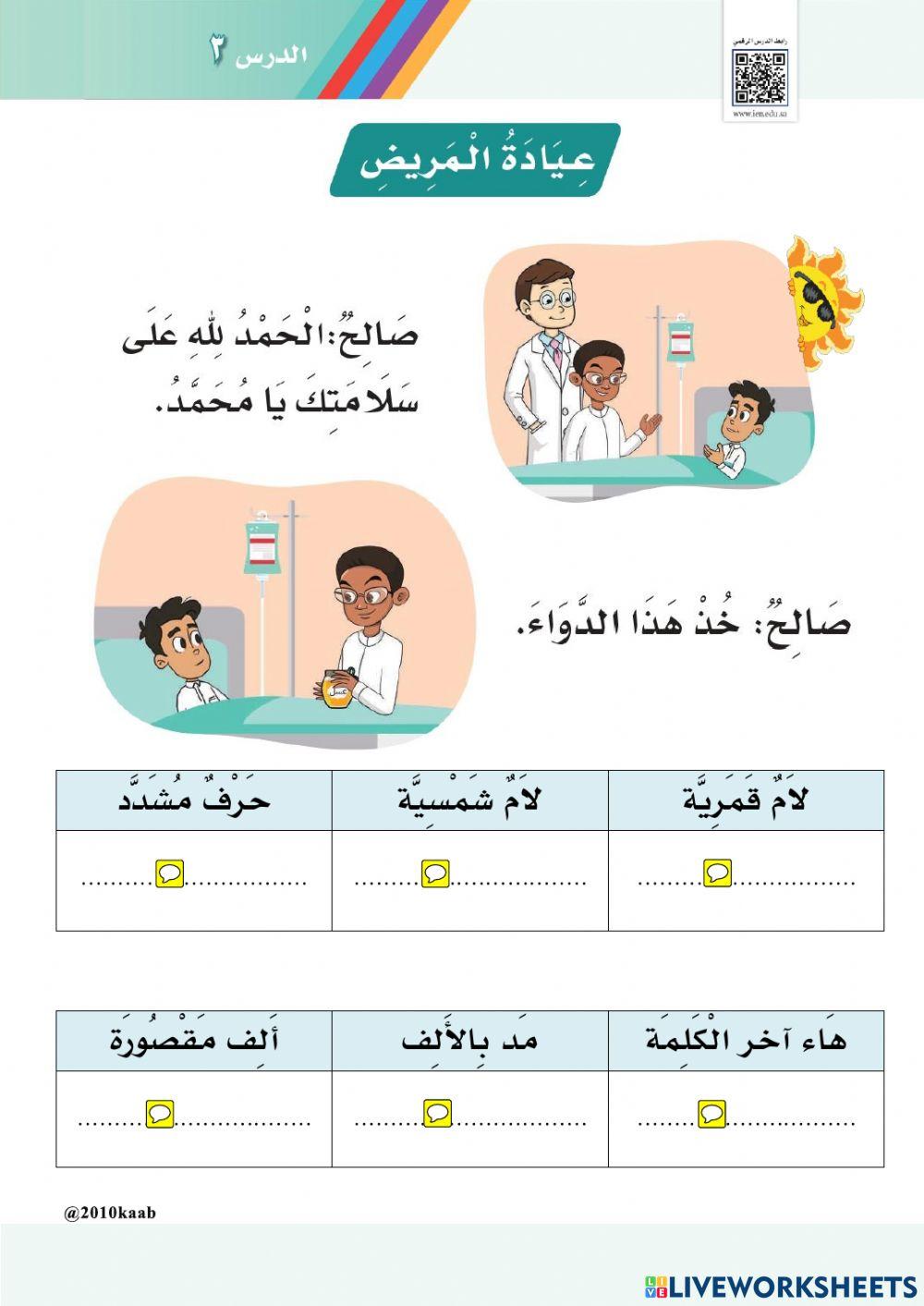 أوراق عمل تفاعلية لـدرس عـيادة المريض
