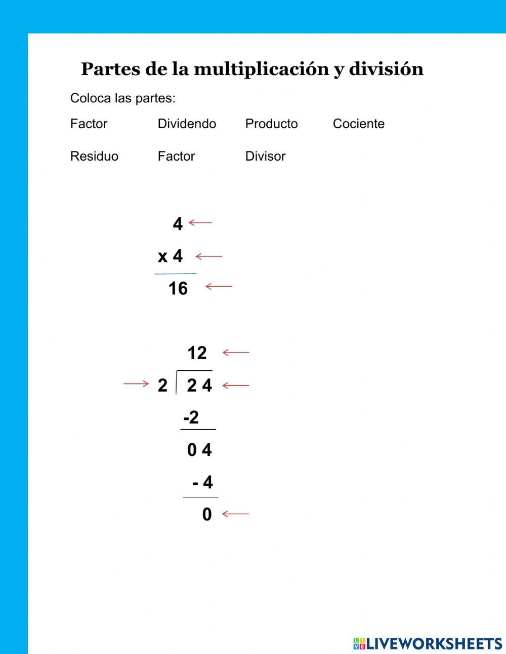 Partes de la multiplicación y división