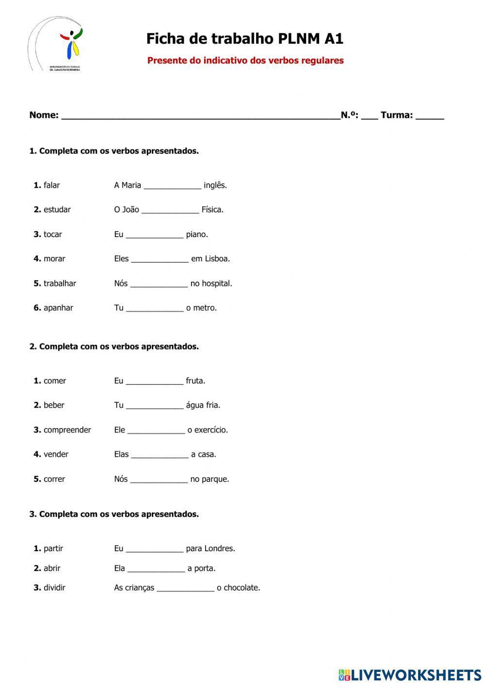 Ficha de trabalho presente do indicativo