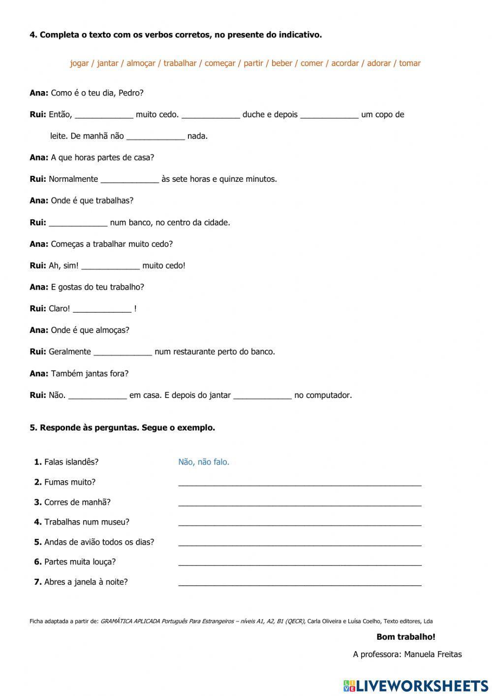 Ficha de trabalho presente do indicativo