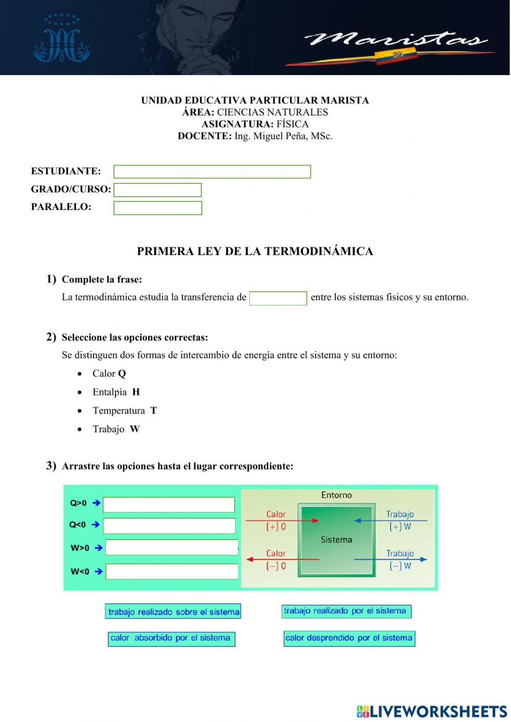 Primera Ley de la Termodinámica - Maristas - 2do BGU