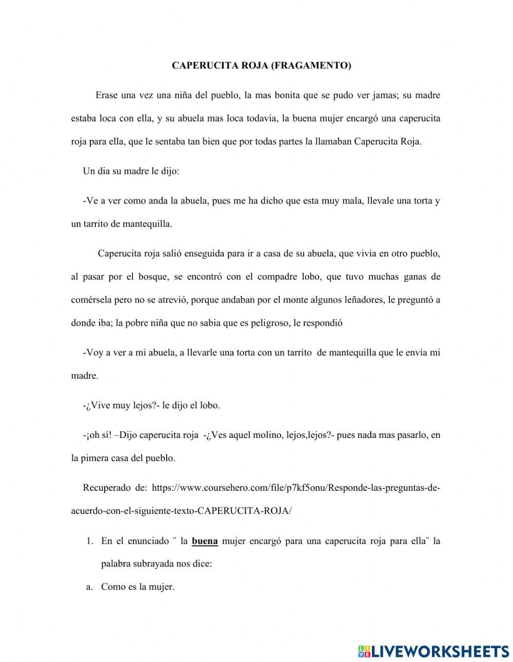 Comprensión de lectura Caperucita Roja