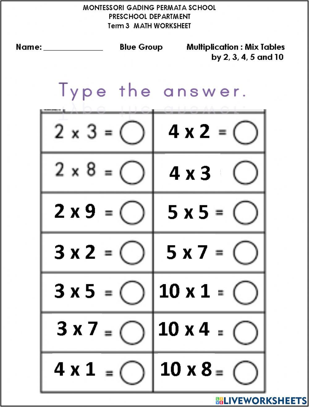 Review multiplication mix tables online exercise for live worksheets