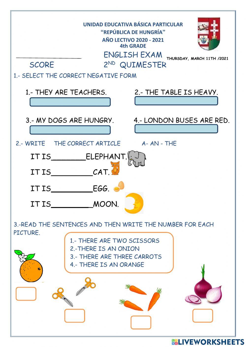 Examen de inglès de 4ºgrado