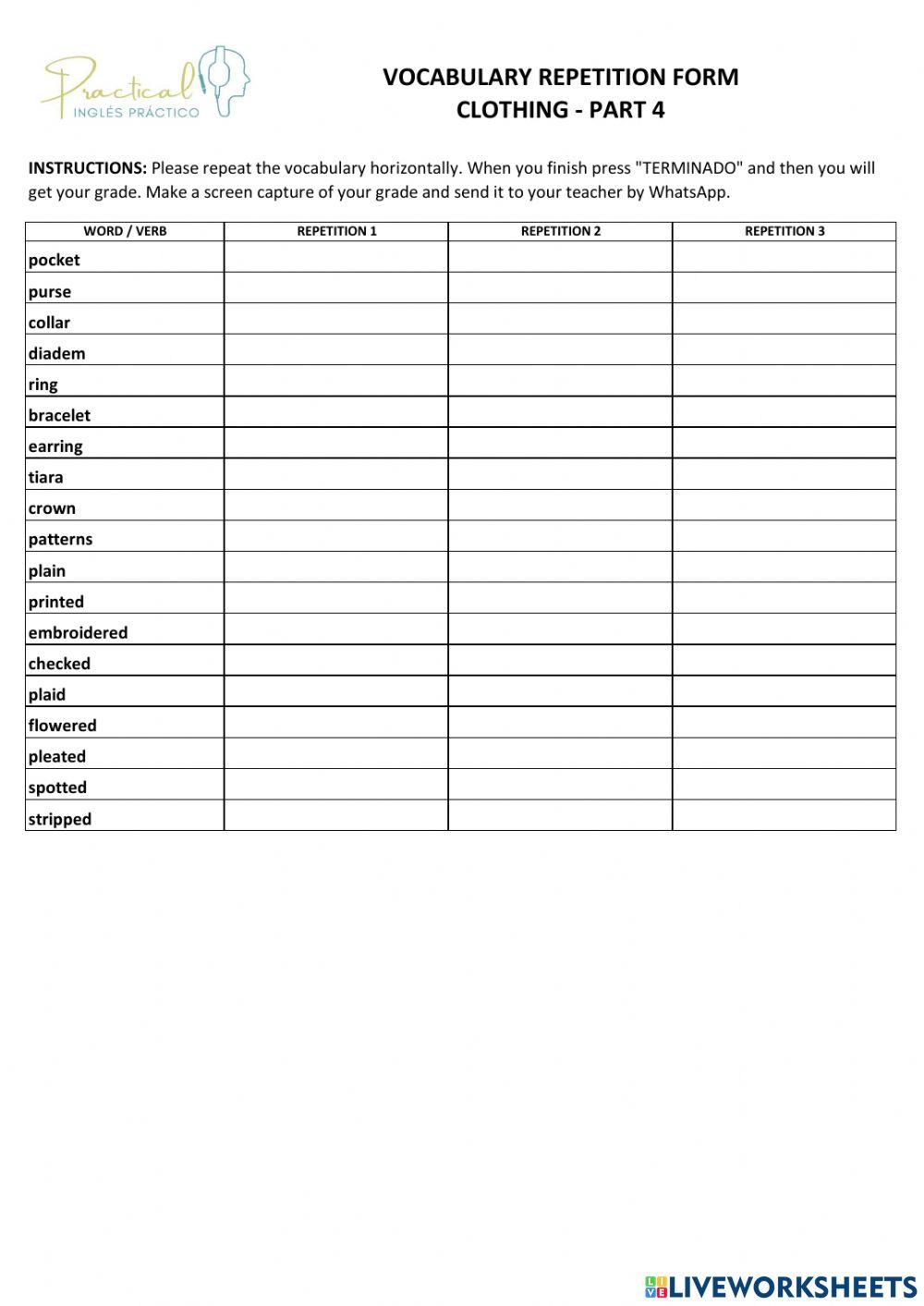 Vocabulary repetition form - clothing - part 4