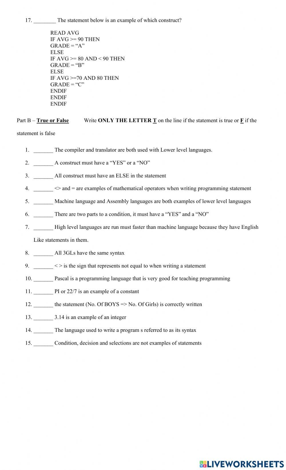 Programming theory test online exercise for live worksheets