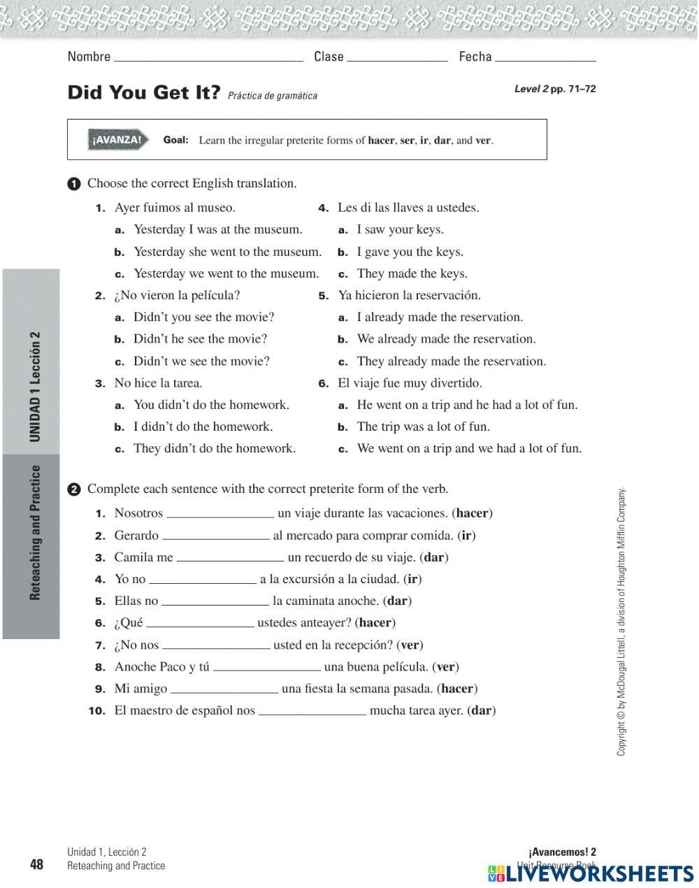 Preterite irregulars online exercise for live worksheets