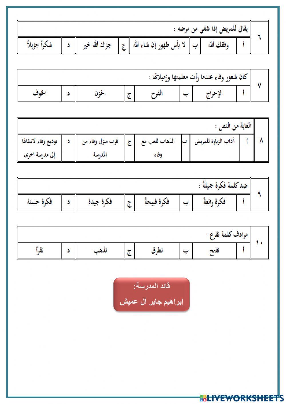 الفهم القرائي : آداب الزيارة الصف الثاني الابتدائي