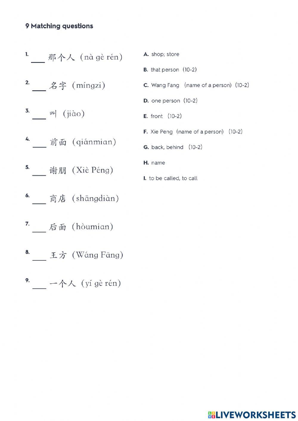 HSK 1 Lesson 10 texts 2 worksheets