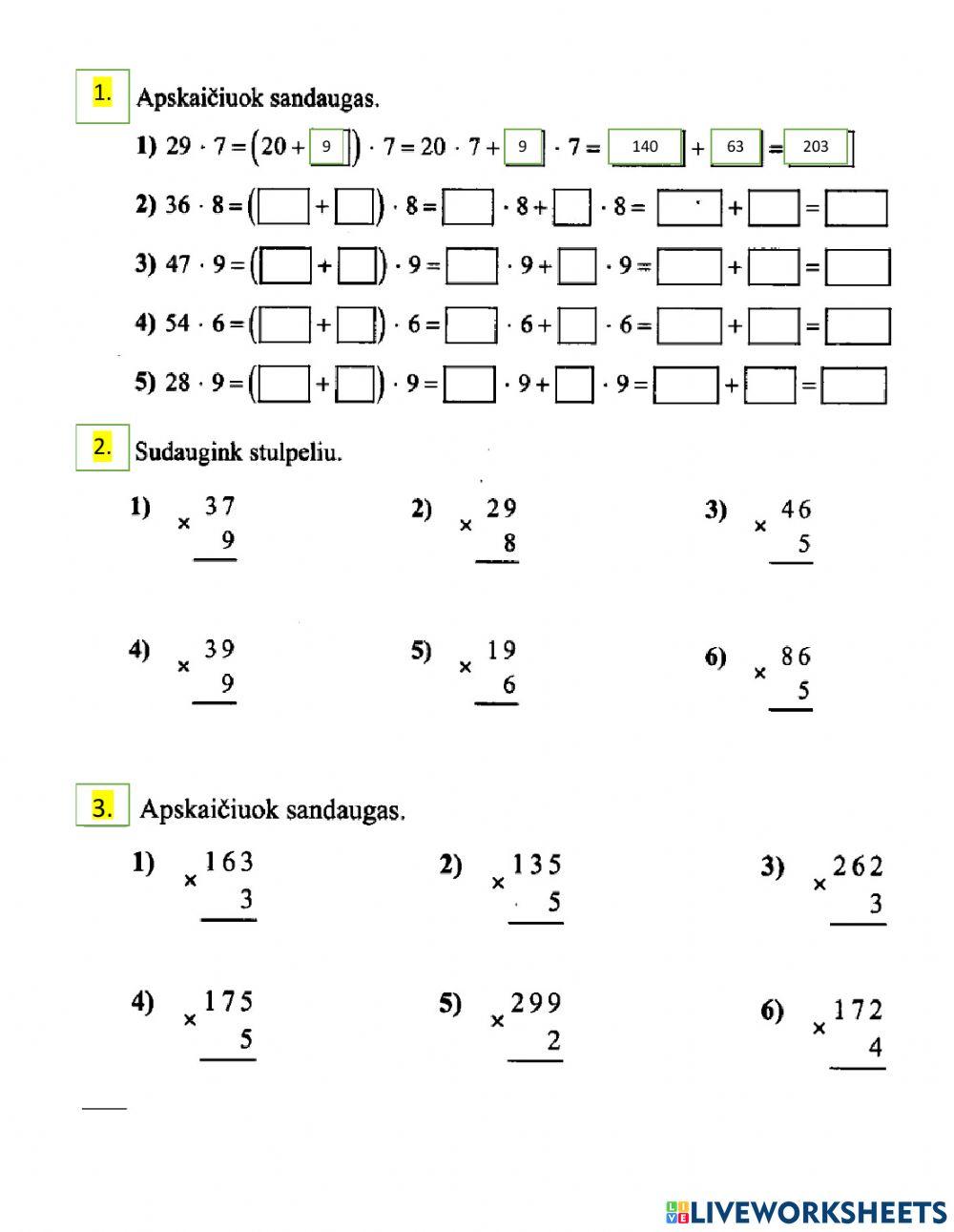 Daugyba iš vienaženklio skaičiaus