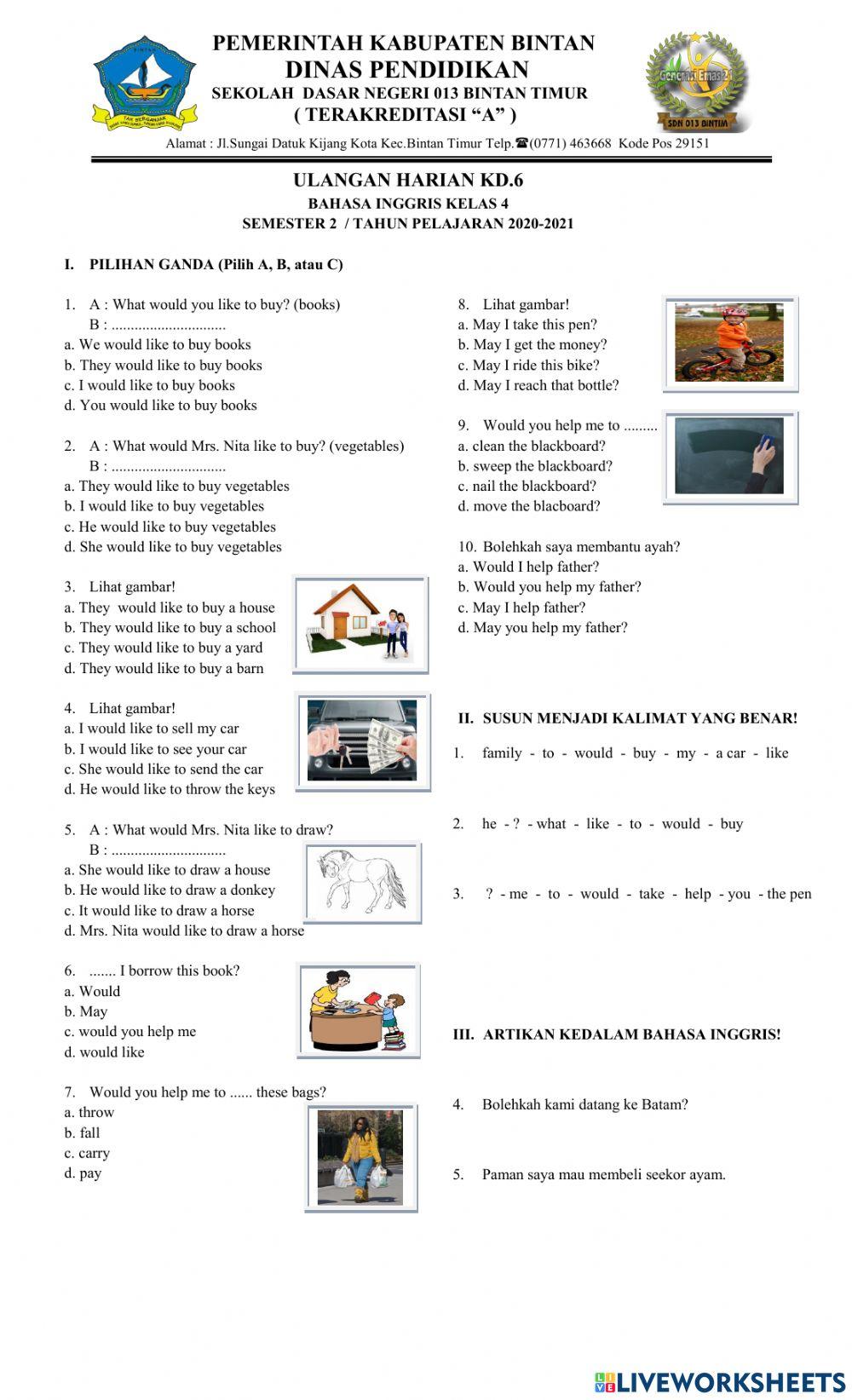 Ulangan harian bhs.inggris KD.6 kls 4 (12-03-2021)