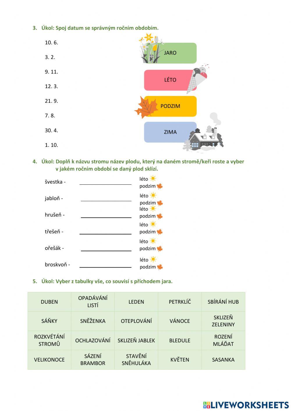 Pracovní list do prvouky - měsíce a roční období