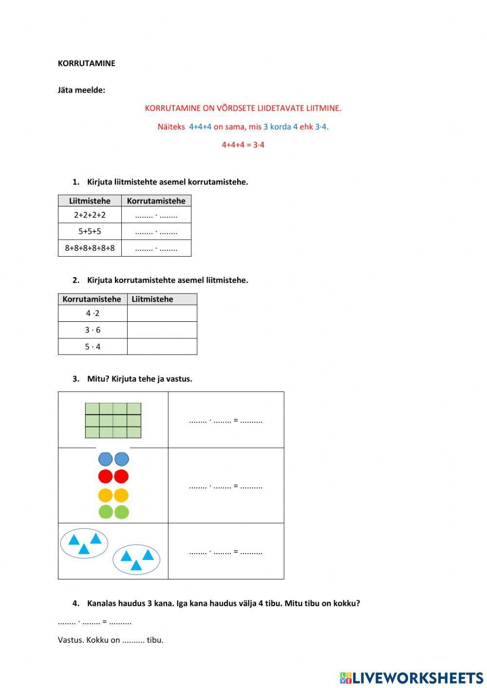 Korrutamine, sissejuhatus, 2. klass