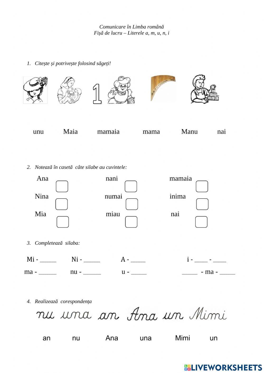 Literele a, m, u, i, n