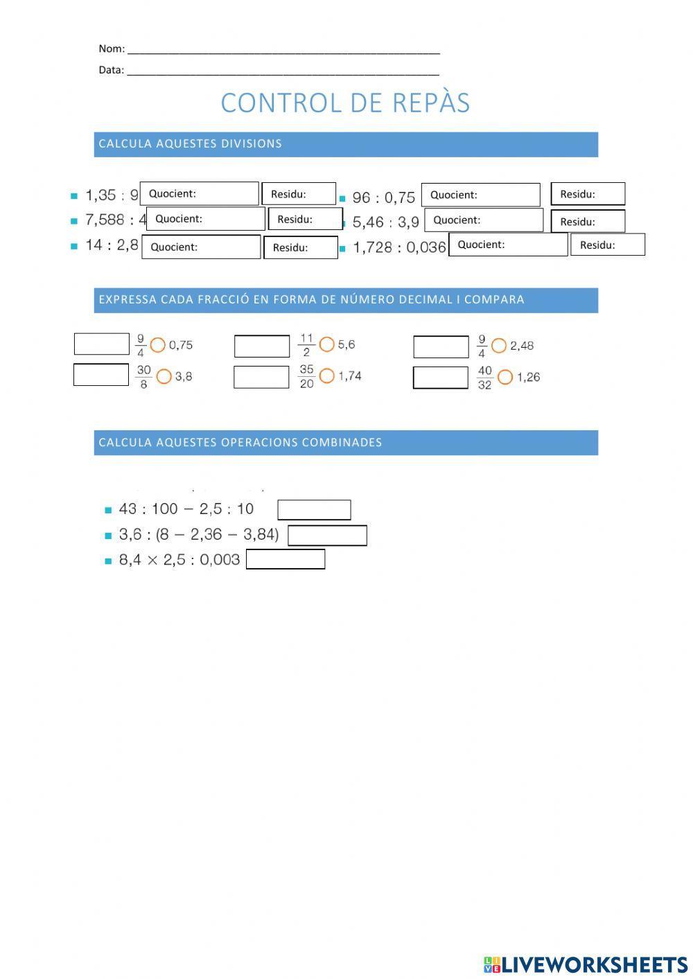Control de repàs de divisions amb decimals
