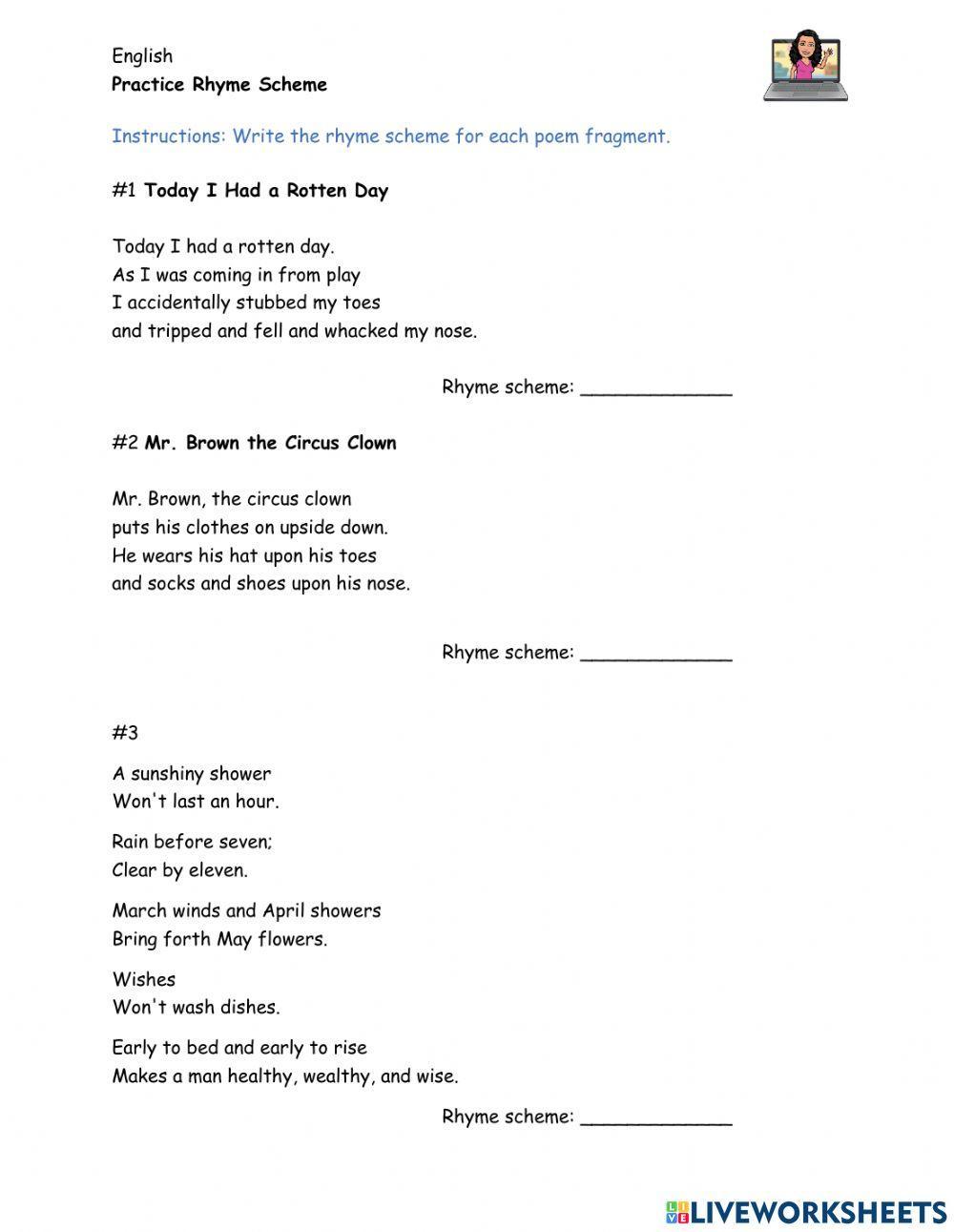 Easy Rhyme Scheme Practice worksheet | Live Worksheets easy-rhyme-scheme-practice-worksheet-live-worksheets