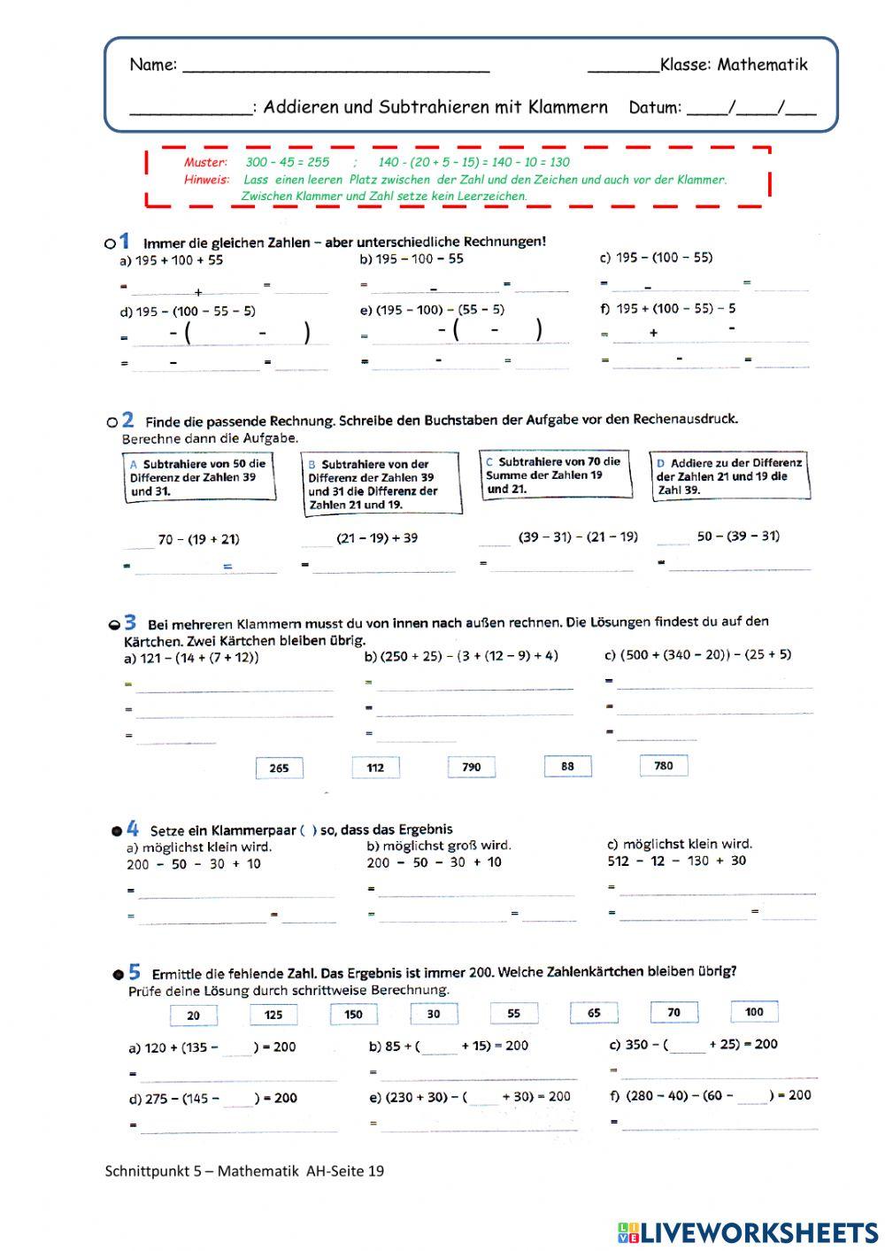 Addieren und Subtrahieren mit Klammern
