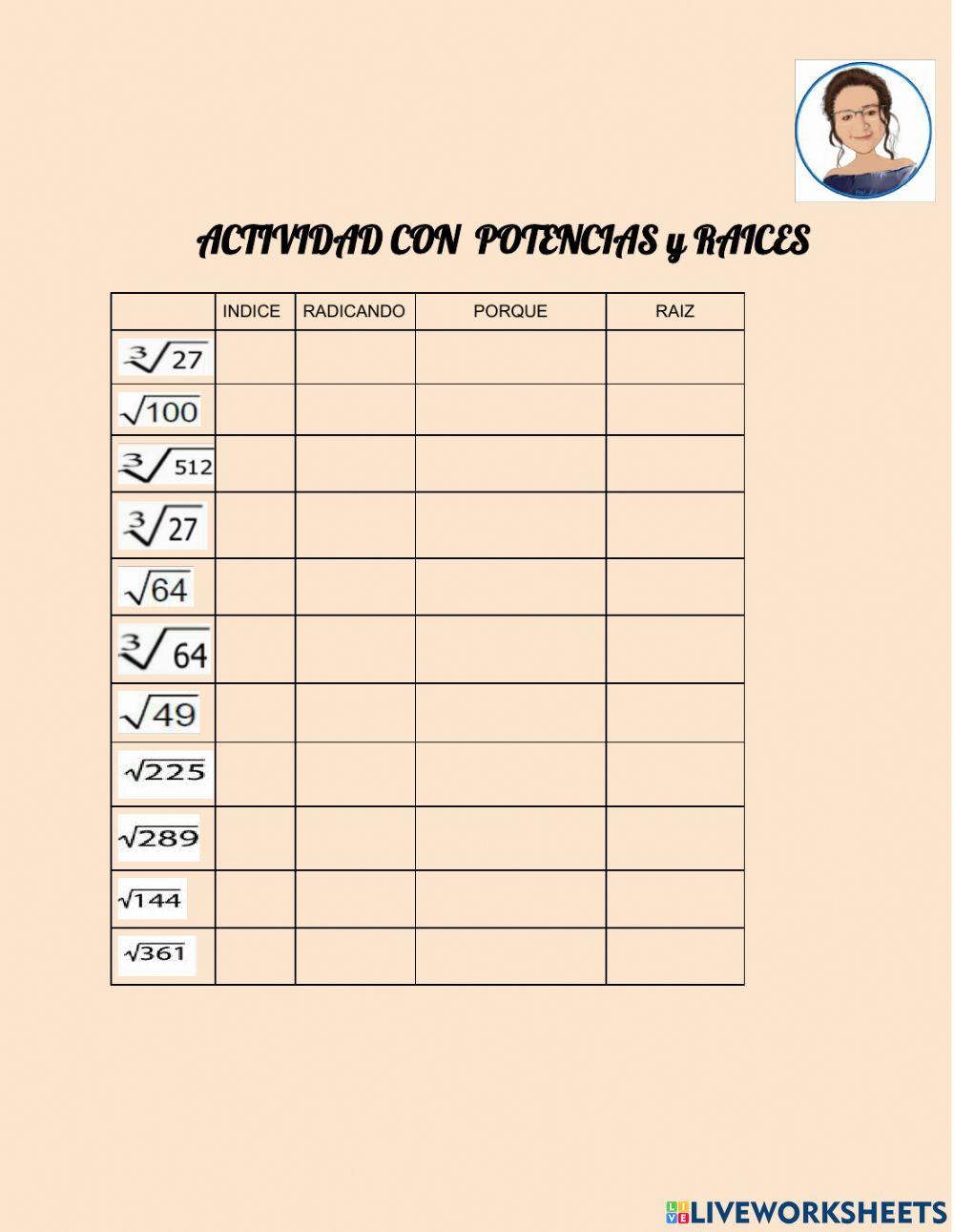 Acitvidades de potencias y raices