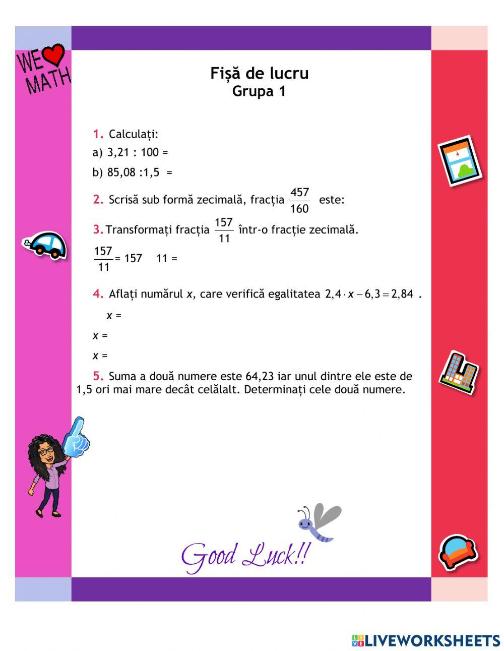 Fișa de lucru nr. 1 - Împărțirea fracțiilor zecimale (12.03)