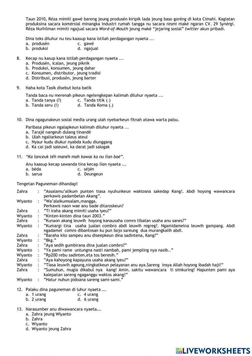 Latihan Soal PTS Genap Bahasa Sunda