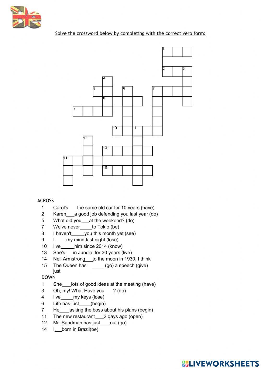 CROSSWORD PUZZLE PAST SIMPLE AND PRESENT PERFECT online exercise for