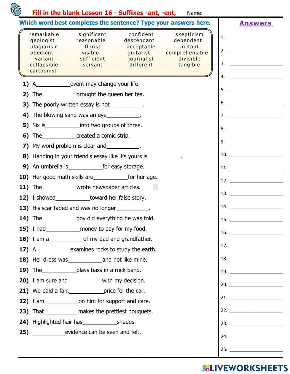 Lesson 16 - Suffixes -ant, -ent