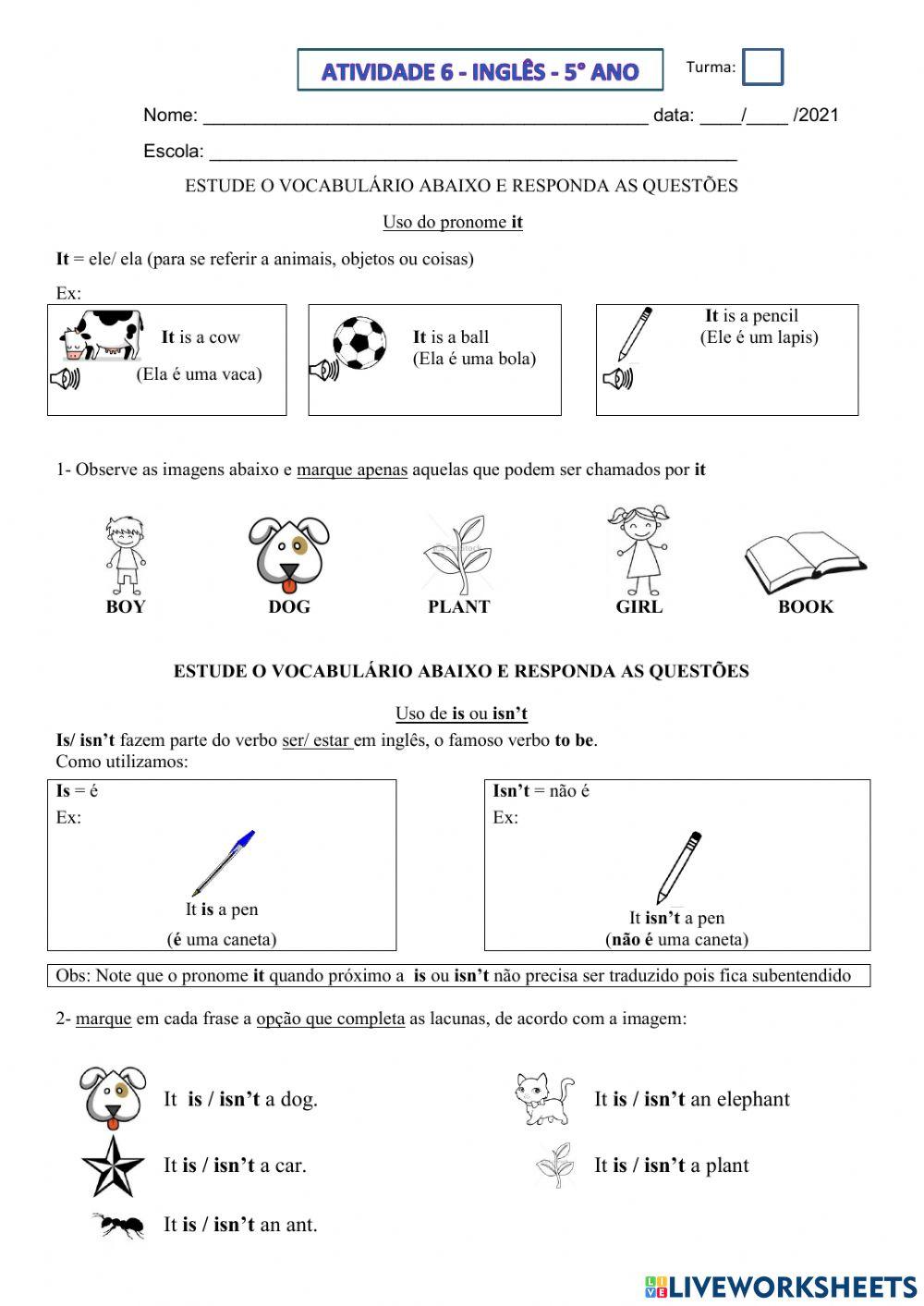 5° ano - INGLÊS - SEMANA 6