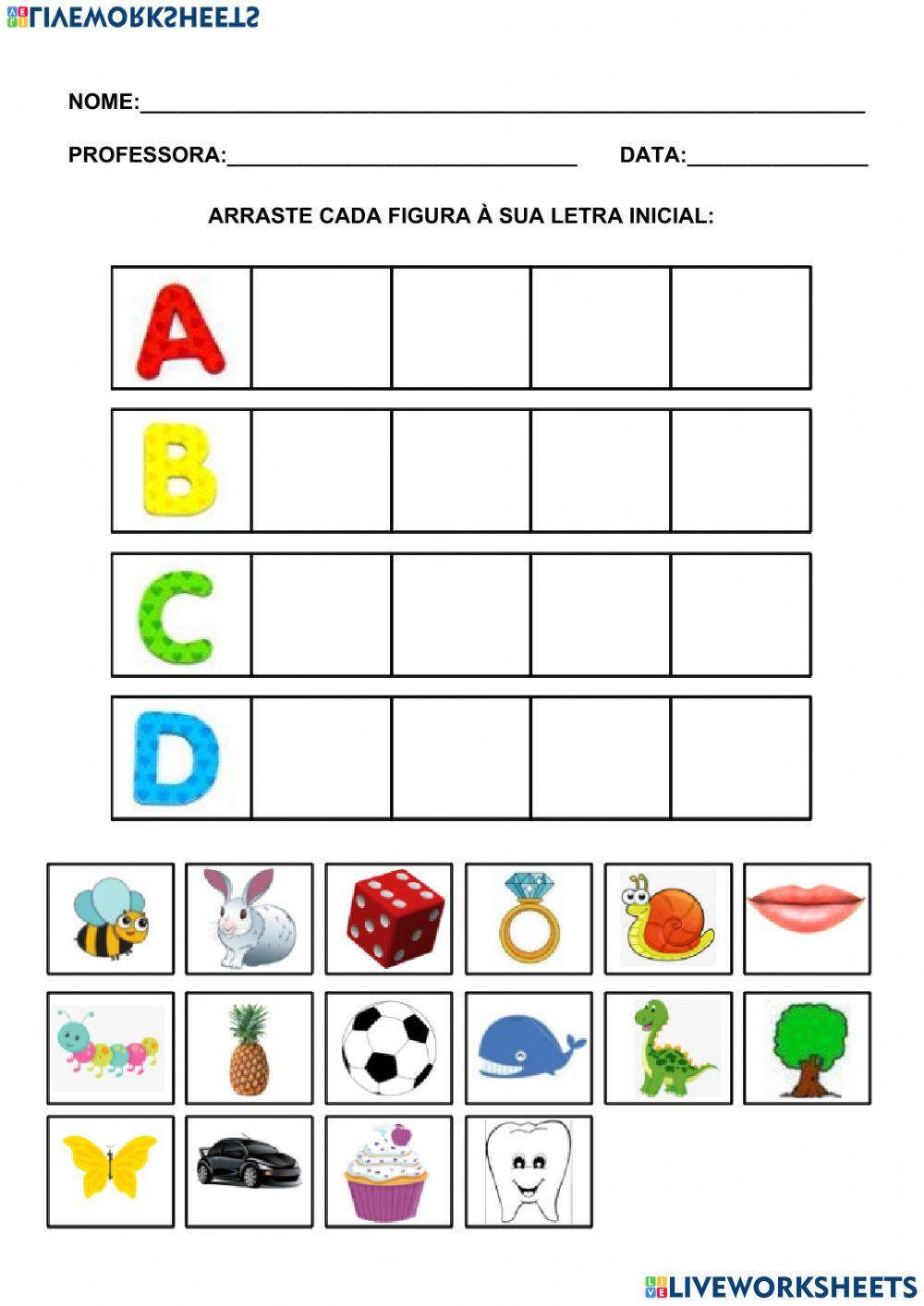 Relacionar as figuras às letras iniciais de cada palavra