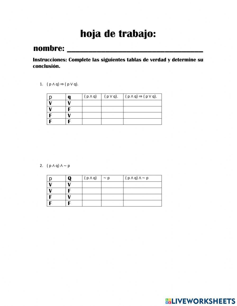Hoja de trabajo de lógica