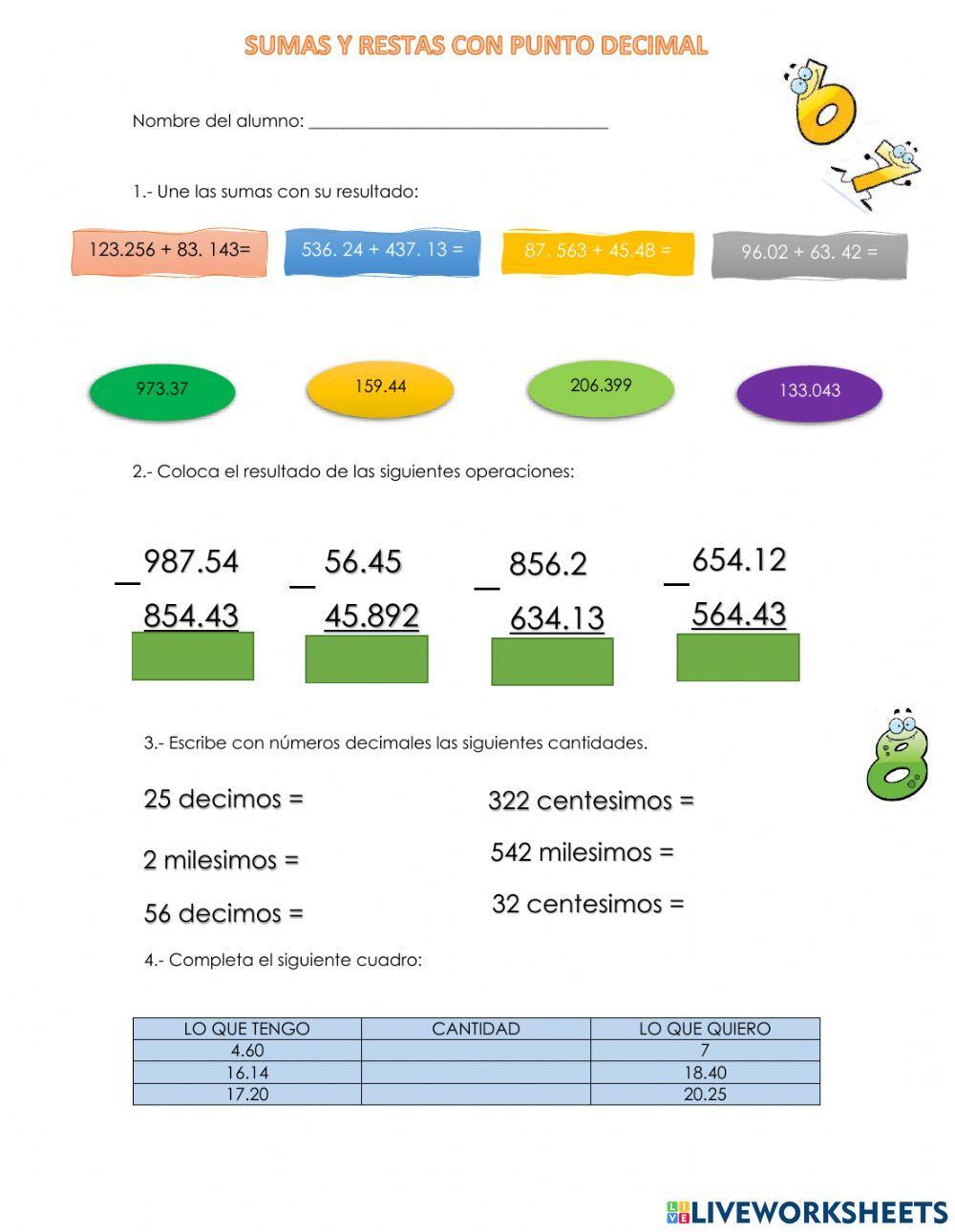 Sumas y restas con punto decimal