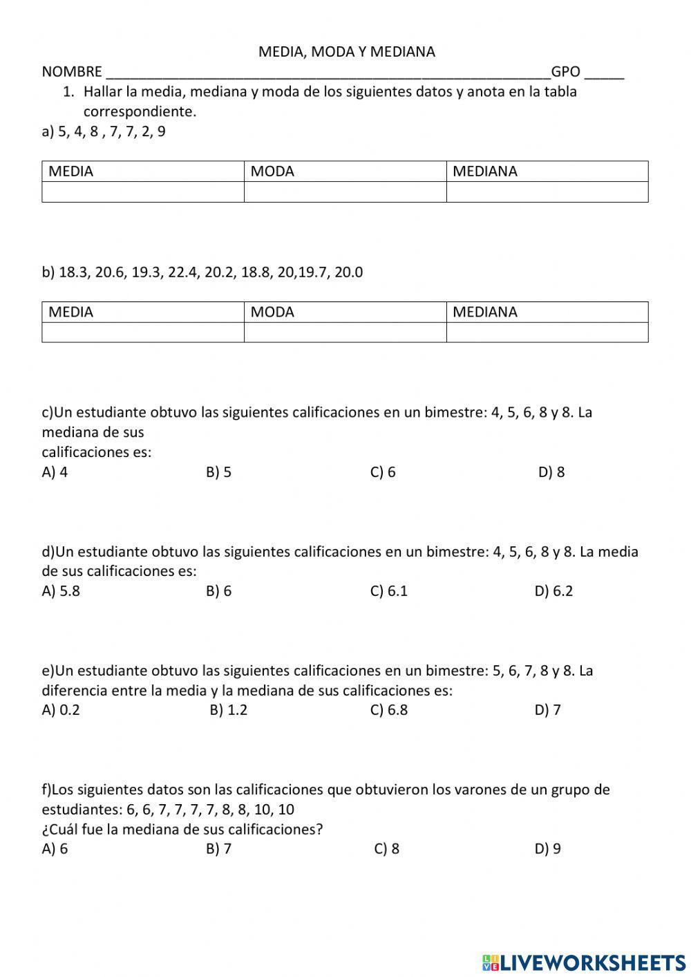 Media, moda y mediana (actividad)