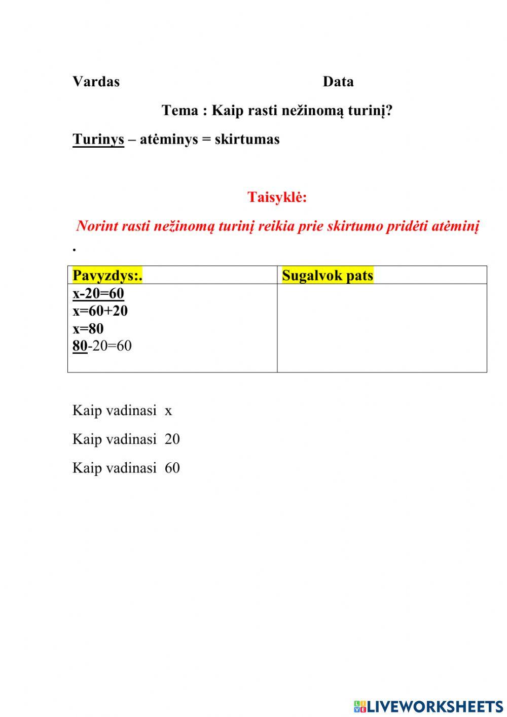 Kaip rasti nežinomą dėmenį