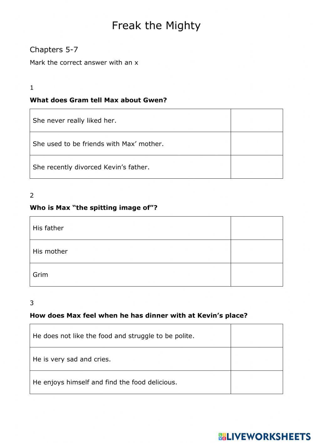 Freak the Mighty chapters 5 7 worksheet Live Worksheets