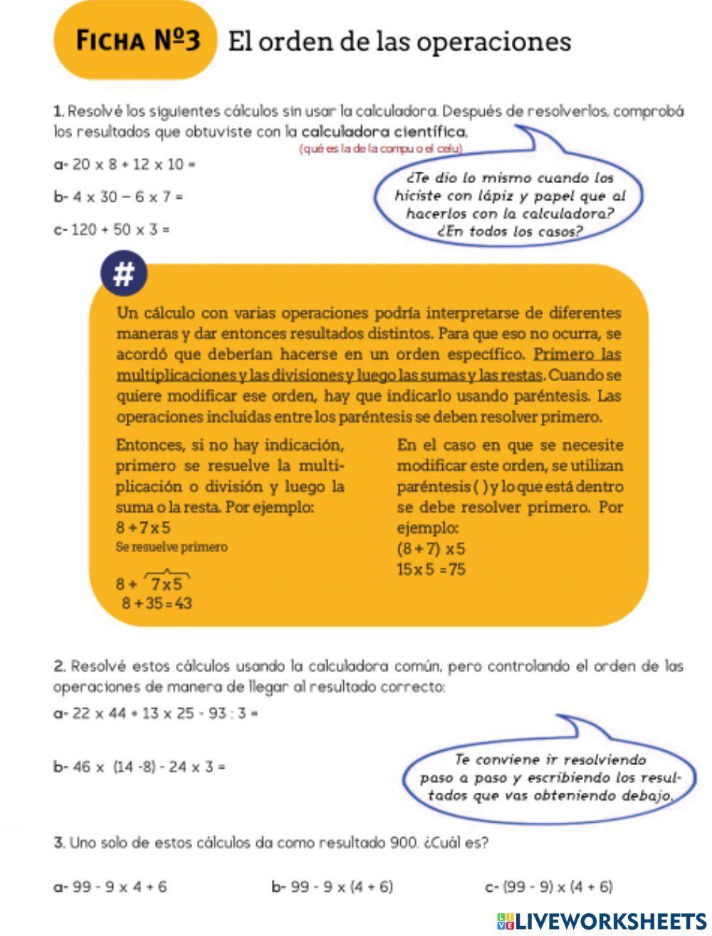 Trayectorias 3. Problemas para resolver con varios cálculos. El orden de las operaciones