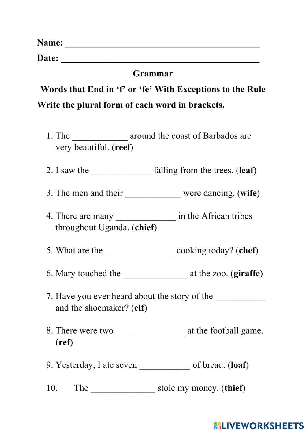 Plurals Words That End in 'f' or 'fe' with Exceptions