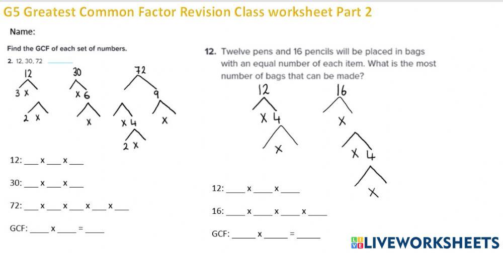 G5 Greatest Common Factor Revision Class worksheet Part 2