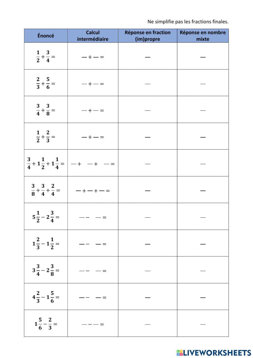 Fractions - additions et soustractions (partie 2) - version 2