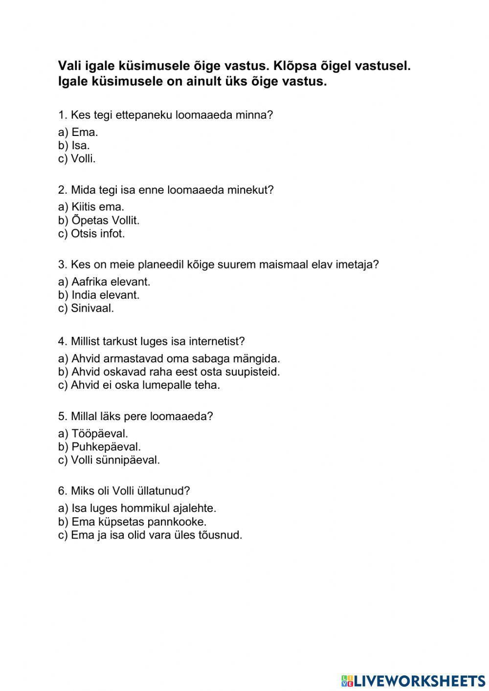 Lugemistest  -Volli käib loomaaias-