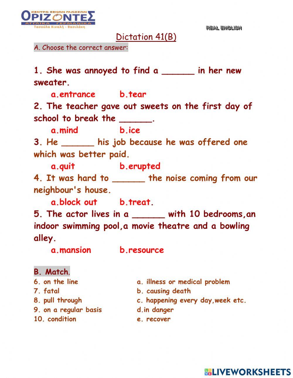 Real English. Dictation : 41 B. FCE class