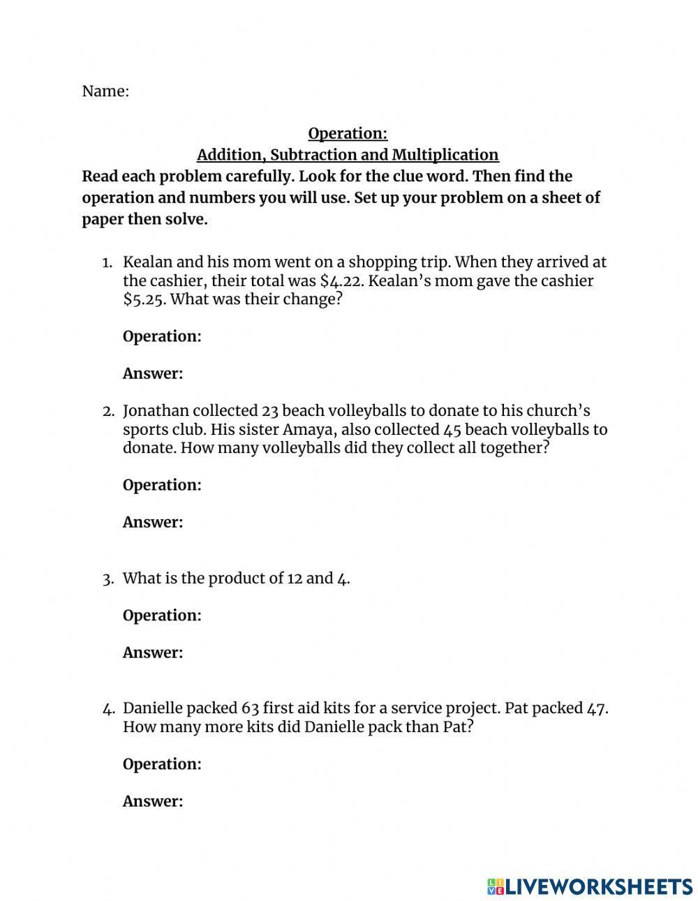 Problem Solving Addition Subtraction and Multiplication