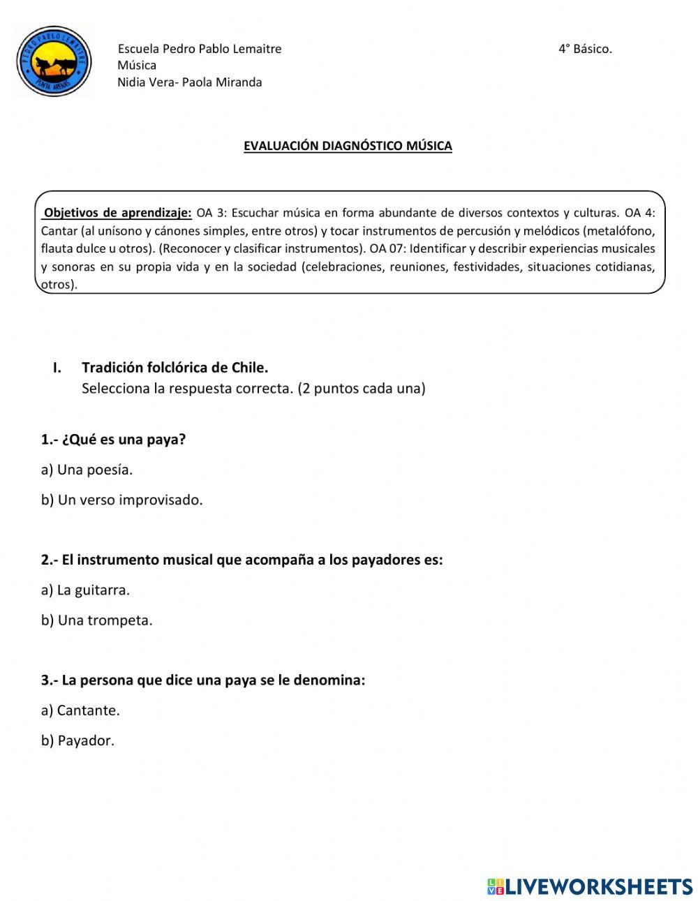 Evaluación Diagnóstico Música 4°