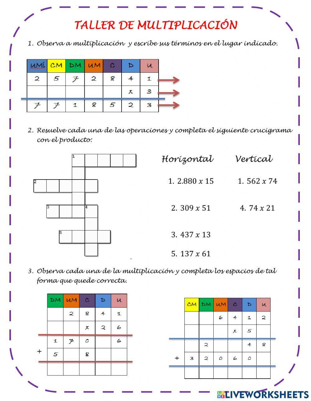 Taller sobre la multiplicación y propiedades